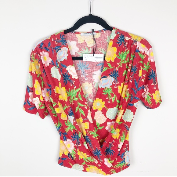 Zara Tops - NWT Zara Red Floral Faux Wrap Top Size M
